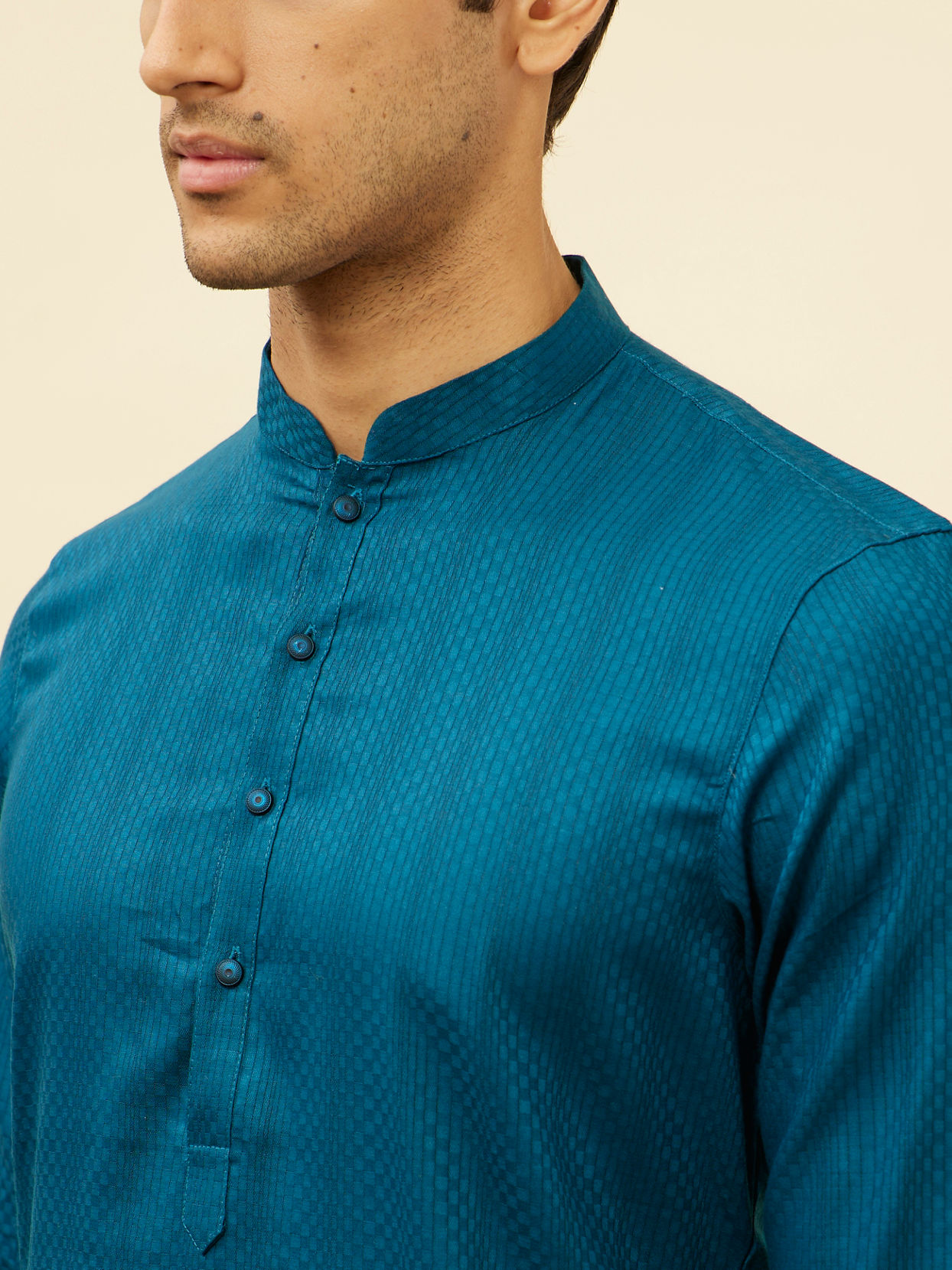 alt message - Manyavar Men Bright Blue Self Patterned Kurta Set image number 1